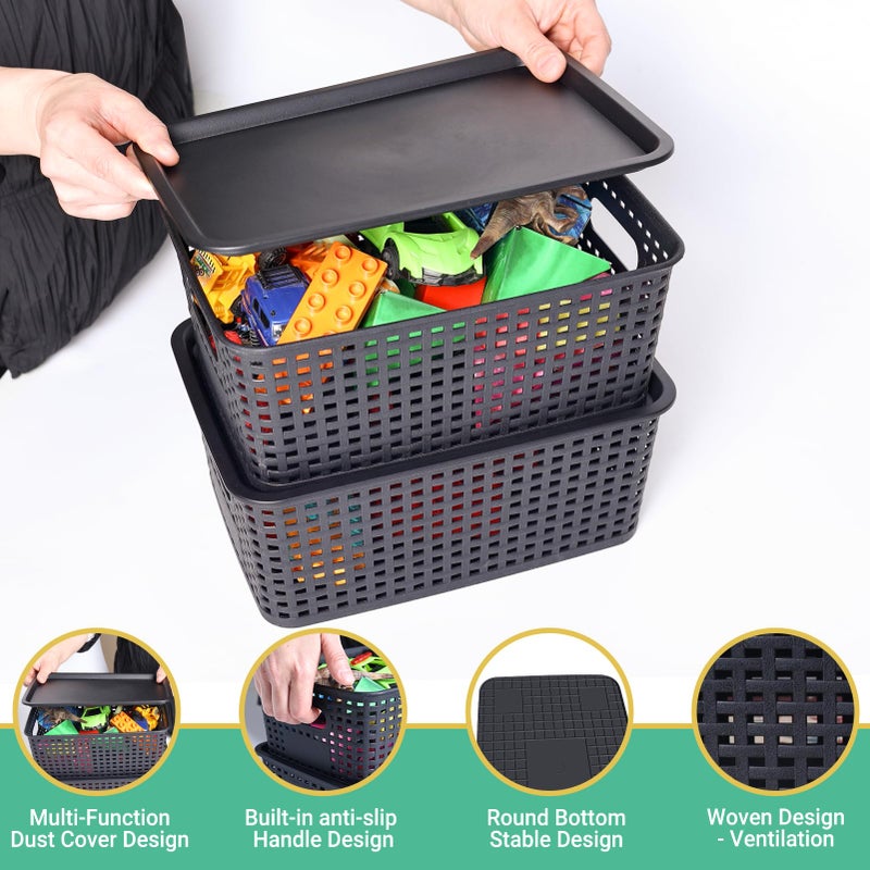 Ohmlove Plastic Storage Baskets with Lid-Plastic Storage Containers Stackable Storage bins: Storage Baskets for Organizing Shelves Drawers Desktop Closet Playroom Classroom Office  8Pack-Black10.2x7.2x4.1Inch - Image 3